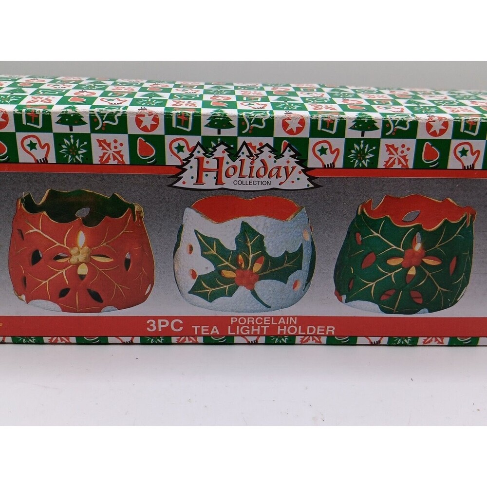 Christmas Holiday Collection 3-Piece Porcelain Tea Light Holders w/Cutouts